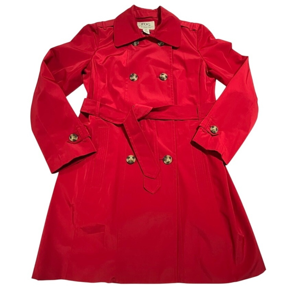 FOG by London Fog Red Double Breasted Trench Coat Belted Jacket Womens Medium